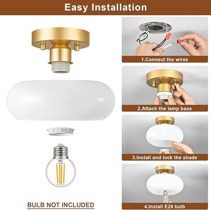 WOKNOS Mid-Century Modern Gold Semi Flush Mount Ceiling Light, Kitchen Ceiling Light Fixture with Glass Shade, Vintage White Close to Ceiling Lamp for Entryway Hallway Bathroom (11.0 Inch)