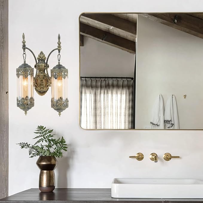 Rustic Wall Sconce with Amber Glass Vintage Antique Gothic Wall Light Fixture Retro Mid Centry Lantern Wall Sconce for Bedroom, Living Room, Mirror, Brush Gold