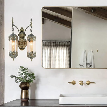 Rustic Wall Sconce with Amber Glass Vintage Antique Gothic Wall Light Fixture Retro Mid Centry Lantern Wall Sconce for Bedroom, Living Room, Mirror, Brush Gold