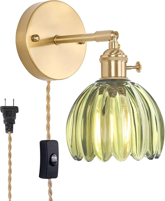 Shenmoyl Plug in Wall Sconce, Green Tulip Glass Lampshade Wall Light Plugin Corded for Bedside Bedroom Doorway