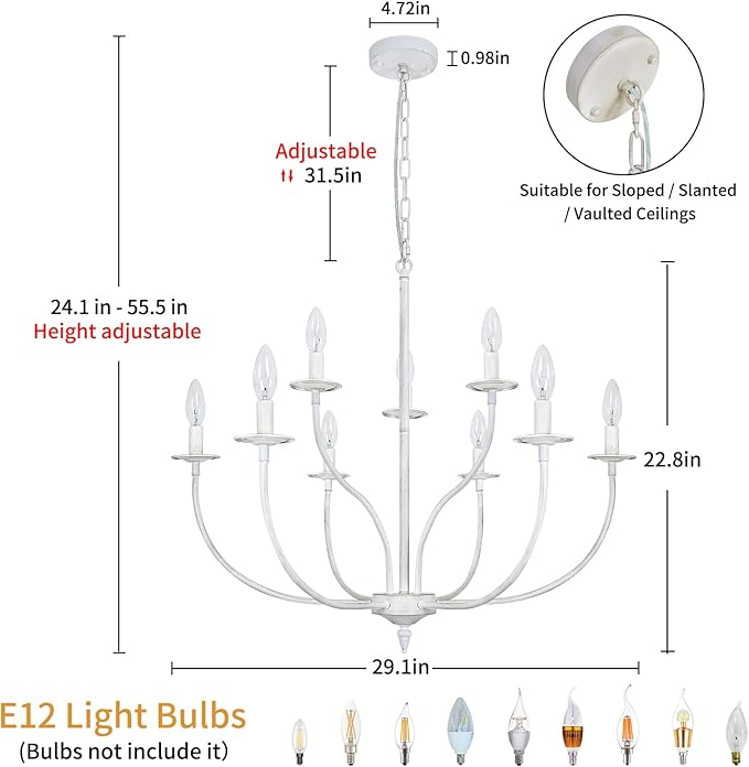 French Country Chandelier, 9-Light Antique White Farmhouse Chandelier, 2-Tier Candle Modern Farmhouse Chandeliers for Dining Room Living Room Bedroom Foyer