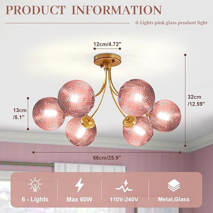Modern Pink Chandelier 6-Lights Gold Ceiling Pendant Light with Striped Glass Shades Large Globe Chandelier Mid Century Flush Mount Ceiling Light Fixture for Dining Room Living Room