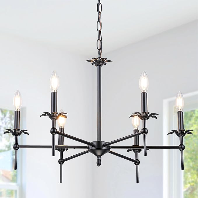 6-Light Black Farmhouse Chandelier 29in Modern Matte Candle Light Fixture Industrial Hanging Ceiling Lighting for Dining Room Over Table Kitchen Island Living Room Bedroom Foyer Entryway