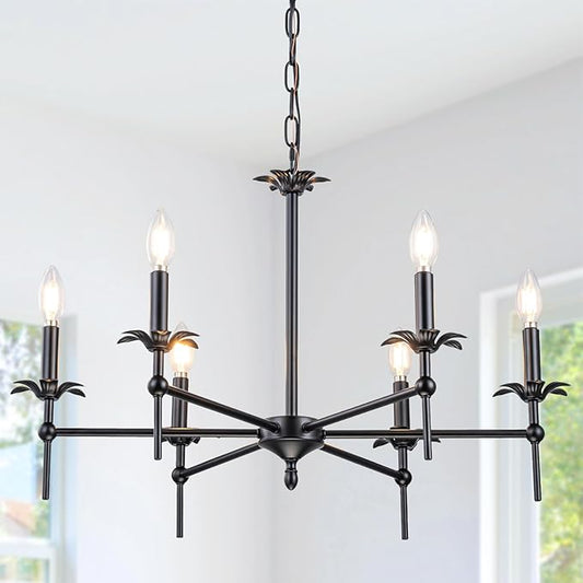 6-Light Black Farmhouse Chandelier 29in Modern Matte Candle Light Fixture Industrial Hanging Ceiling Lighting for Dining Room Over Table Kitchen Island Living Room Bedroom Foyer Entryway