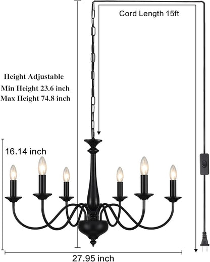 Plug in Chandelier Lighting with Cord 15ft & On/Off Switch, Hanging Lights with Plug in Cord, 6 Light Black Farmhouse Chandelier for Dinging Room Living Room Kitchen Island Bedroom