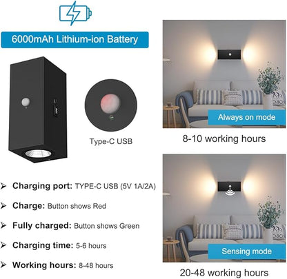 Aipsun Black Battery Operated Wall Sconces 2 Packs with Motion Sensor, Rechargeable Black LED Wall Lighting, Wireless Indoor Aluminum Wall Lights for Living Room, Hallway, Bedroom