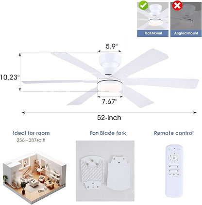 52" Low Profile Ceiling Fans with Lights and Remote, White Indoor Ceiling Fan Light with Quiet Reversible DC Motor,Modern Flush Mount Ceiling Fans with Dimmable LED for Bedroom Kitchen