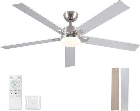 Rayqueen 60 Inch Ceiling Fans with Lights and Remote, 6 Speed Reversible DC Motor, 3CCT Dimmable LED, Modern Brushed Nickel Ceiling Fan for Bedroom, Living room & Covered Outdoor,Includes Downrod
