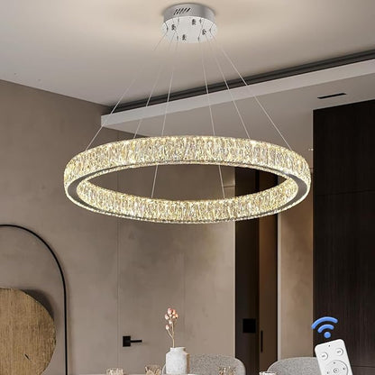 Modern LED Dimmable Crystal Chandelier 31.5" Ring Pendant Light Adjustable Round Chrome Crystal Chandelier Light Fixtures for Dining Room Living Room