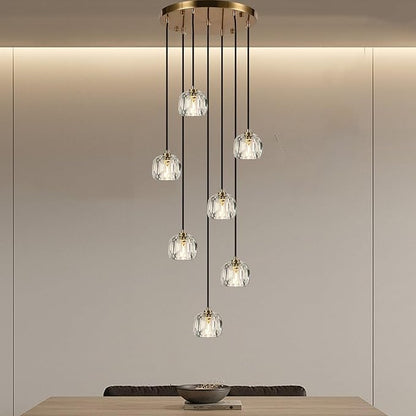 Farmhouse Crystal Pendant Lights, Brass Round Hanging Lamp, Modern Raindrop Chandeliers for Dining Room Living Room Bedroom Kitchen Island