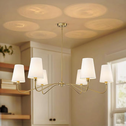 47'' Brushed Gold Chandelier with Shades, Oversized 6-Light Modern Chandelier for Living Room, Large Dining Room Light Fixture, Adjustable Brass Classic Pendant Light Fixture for Kitchen E12 Base