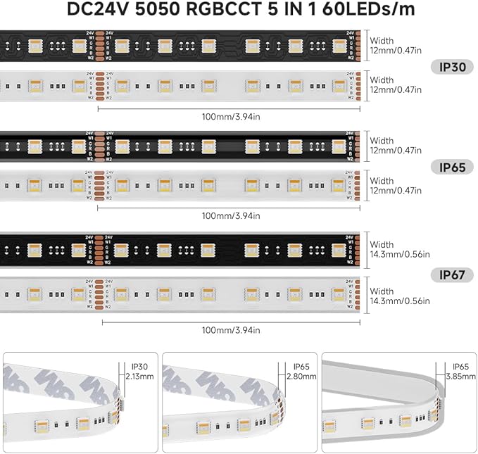 BTF-LIGHTING RGBCCT 5 Colors in 1 LED 5050SMD RGBWW RGB+Dimmable Tunable Color Temperature 2700K-6500K 16.4ft 60LEDs/m 300LEDs DC24V Multi-Colored Tape Lights IP67 White PCB(No Adapter or Controller)