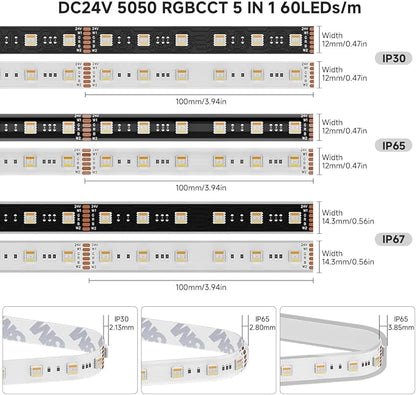 BTF-LIGHTING RGBCCT 5 Colors in 1 LED 5050SMD RGBWW RGB+Dimmable Tunable Color Temperature 2700K-6500K 16.4ft 60LEDs/m 300LEDs DC24V Multi-Colored Tape Lights IP65 White PCB(No Adapter or Controller)