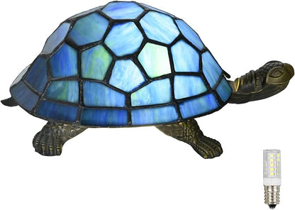 A0020 Tiffany Style Turtle Lamp Handmade Stained Glass Animal Night Light for Bedside Livingroom Bedroom, LED Bulb Included (Blue)