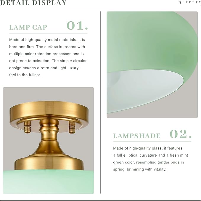 Mint Green Ceiling Light, Gold Hallway Light Scandinavian Flush Mount with Glass Shade, Vintage Flush Ceiling Light for Living Room Bedroom, Bathroom Lighting Fixture