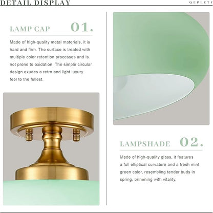 Mint Green Ceiling Light, Gold Hallway Light Scandinavian Flush Mount with Glass Shade, Vintage Flush Ceiling Light for Living Room Bedroom, Bathroom Lighting Fixture