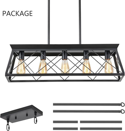 5-Light Farmhouse Pendant Light for Dining Room, Rustic Kitchen Island Lighting, Adjustable Height Chandeliers for Kitchen, Dining Room Table Black