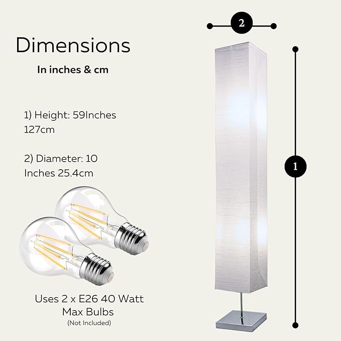 LIGHTACCENTS Honors Paper Floor Lamp 59-Inches Tall – Japanese Style Standing Lamp with Chrome Base and White Paper Shade, On/Off Foot Switch, Floor Lamp for Living Room & Bedroom