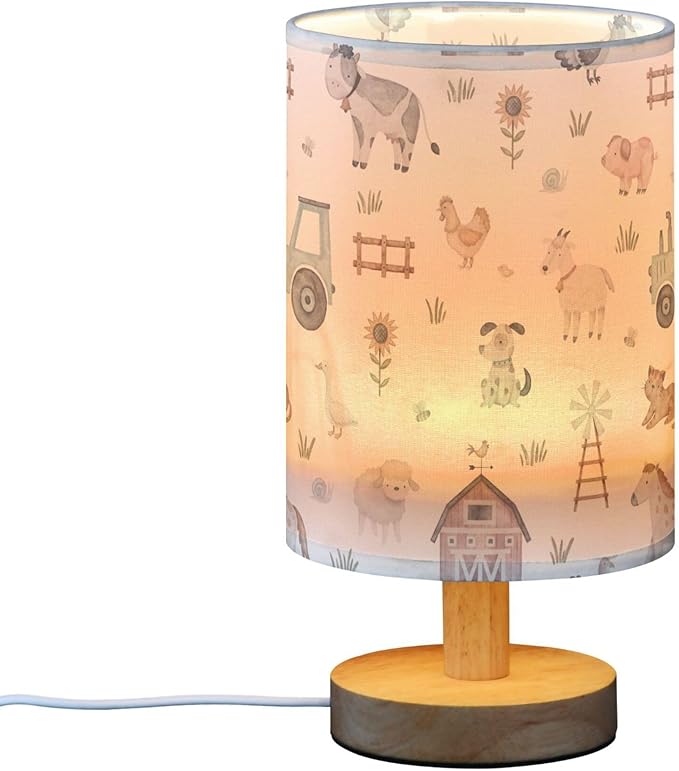Farm Animal House Car Windmill Cow Sheep Pig Horse Dog Cat Goose Hen Table Lamp with Wood Base Fabric Lamp Shade Bedside Nightstand Desk Lamp for Living Room Bedroom Kids Room Office