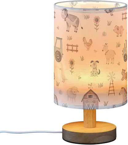 Farm Animal House Car Windmill Cow Sheep Pig Horse Dog Cat Goose Hen Table Lamp with Wood Base Fabric Lamp Shade Bedside Nightstand Desk Lamp for Living Room Bedroom Kids Room Office