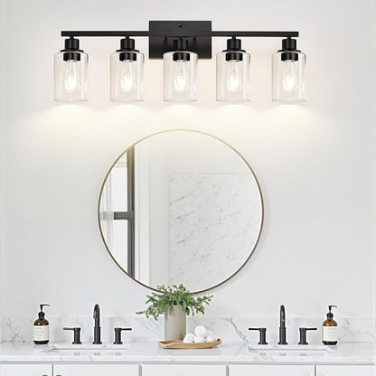 Indoi 5-Light Bathroom Light Fixtures, Matte Black Modern Vanity Lights with Clear Glass Shades, Bathroom Vanity Light for Mirror Living Room Cabinet Bedroom Porch