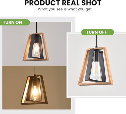 3 Pack Kitchen Island Pendant Lights, Black Industrial Metal and Vintage Wood Hanging Light, Mini Farmhouse Chandelier, Adjustable Height Rustic Ceiling Lamp for Entryway, Dining Room, Foyer