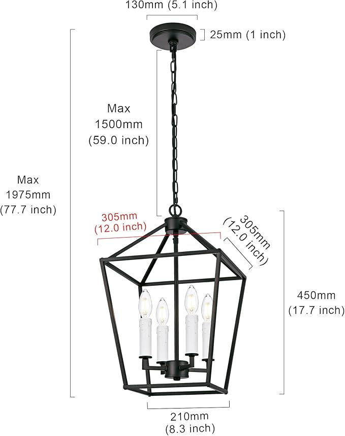 MELUCEE 12-inch Black Cage Chandelier 4-Light Farmhouse Lantern Pendant Light Openwork Cage Hanging Light Fixtures Ceiling with White Candle-Shaped Lamp Holder for Kitchen Island, Dining Room, Foyer