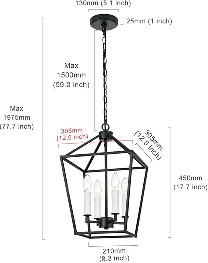 MELUCEE 12-inch Black Cage Chandelier 4-Light Farmhouse Lantern Pendant Light Openwork Cage Hanging Light Fixtures Ceiling with White Candle-Shaped Lamp Holder for Kitchen Island, Dining Room, Foyer
