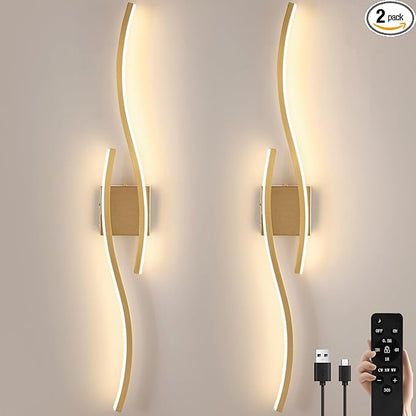 Modern LED Wall Sconce Set of Two, Dimmable Battery Powered Wall Sconces, 3000K-6500K Wireless Wall Light, Rechargeable Wall Lamp Indoor not Hardwired for Room Bedroom Corridor, 39.3in(Gold)