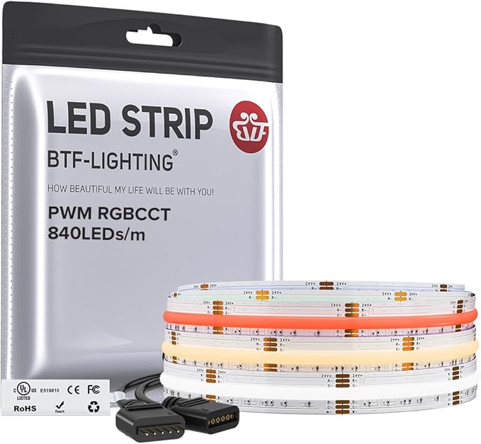 BTF-LIGHTING FCOB COB RGBCCT Color Changing LED Strip,UL Listed 840LED/m High Density 9.8FT RGB+Tunable White 3000K-6000K DC24V 12mm Width Flexible Light for Home Decor(No Adapter or Controller)