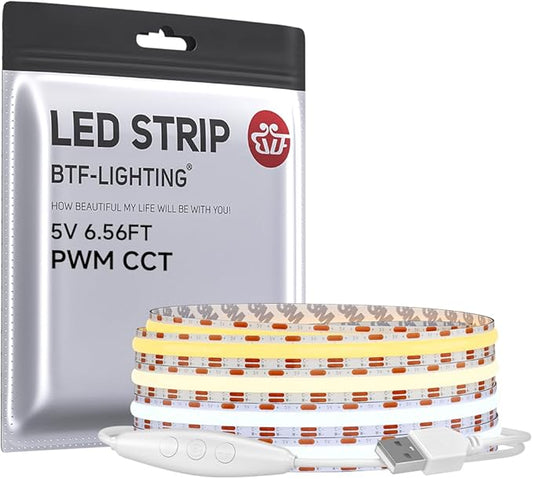 BTF-LIGHTING FCOB COB FOB LED Strip Lights 5V USB CCT 6.56FT 1280LEDs Tunable 2700K/4000K/6500K 10mm Width Dimmable 90+High CRI Flexible High Density for TV Backlight PC Bedroom Kitchen Home DIY Decor