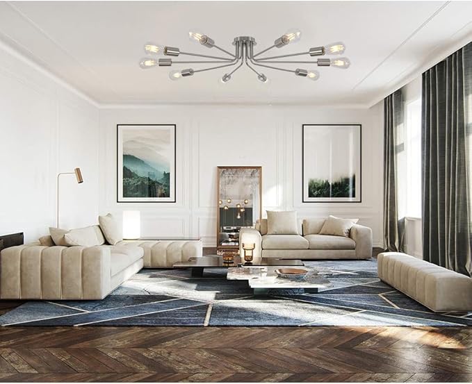 10 Lights Sputnik Ceiling Light Fixture Brushed Nickel Semi Flush Mount Light Ceiling Lamp for Living Room Foyer Dining Room Kitchen Hallway Cafe