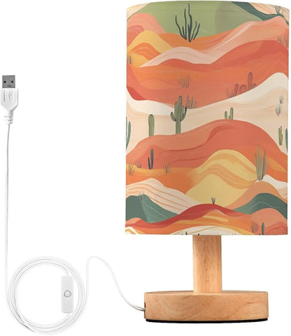 Bedside Table Lamp Western Desert Cacti Nightstand Lamp with Wood Desk Lamps for Bedroom Living Room Nursery Office Home Decor