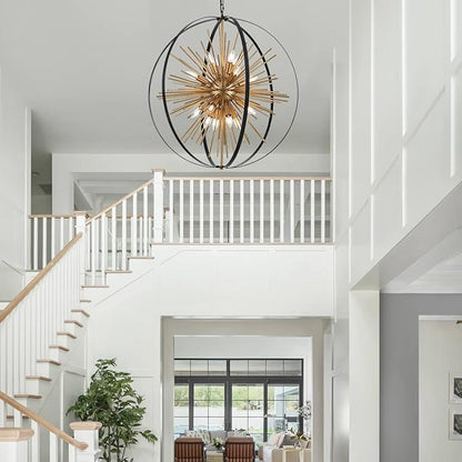 31.5" Black Gold Large Globe Sputnik Chandelier, 16-Light Mid Century Modern Industrial Starburst Golden Metal Satellite Light Fixture for High Ceiling Living Room Dining Room Foyer, E12