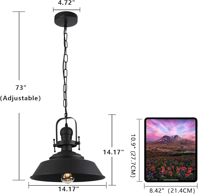 14" Farmhouse Pendant Light, Industrial Rustic Hanging Light Fixture with Matte Black Finish for Kitchen Island, Dining Room, Barn, Metal Dome Shade