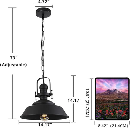 14" Farmhouse Pendant Light, Industrial Rustic Hanging Light Fixture with Matte Black Finish for Kitchen Island, Dining Room, Barn, Metal Dome Shade