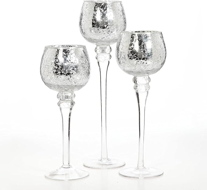 Hosley Set of 3 Metallic Crackle Glass Tealight Holders – 12", 10", 9" Elegant Home Decor, Ambient Lighting, Stylish Centerpieces & Gift Idea