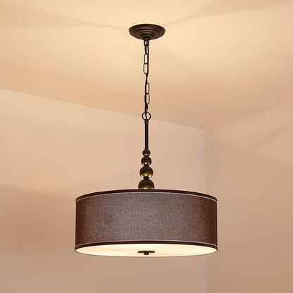 Shrine Lighting Drum Chandeliers, Farmhouse Style, Perfect Drum Pendant Light for Dining Room, D21'' x H8'', Adjustable Chains 59'', E26*3 Sockets, Brown Linen Fabric Lampshade & Black Rod
