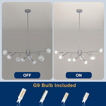 Depuley Modern Chrome Sputnik Chandelier: 9-Light Crystal Glass Chandelier for Dining Room - Kitchen Table Light Fixture Mid Century Hanging Lamp Height Adjustable for Foyer (Included G9 Bulbs)