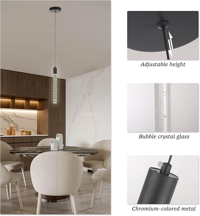 3 Pack Black Bubble Crystal Pendant Lights for Kitchen Island, Modern Mini Chandelier Set with Integrated LED, Adjustable Hanging Crystal Rod Pendant Lighting for Dining Room Bar