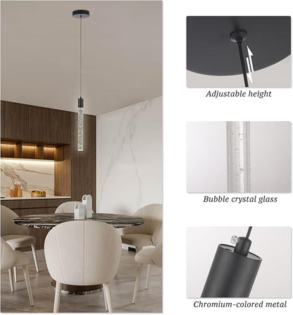 3 Pack Black Bubble Crystal Pendant Lights for Kitchen Island, Modern Mini Chandelier Set with Integrated LED, Adjustable Hanging Crystal Rod Pendant Lighting for Dining Room Bar