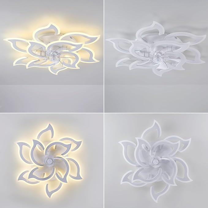 38" White Geometric Ceiling Fan with Light Remote Control, 3 Light Color 6 Speeds LED Flower Flush Mount Low Profile Ceiling Fan for Living Room