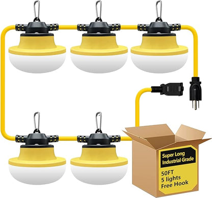 New Upgrade 50FT Construction String Lights LED Industrial Grade Best for Construction Sites,Renovation, Walkways,Patio,Mine cave,Outdoor Lighting Solutions Use,Free for Climbing Hook 3Prong