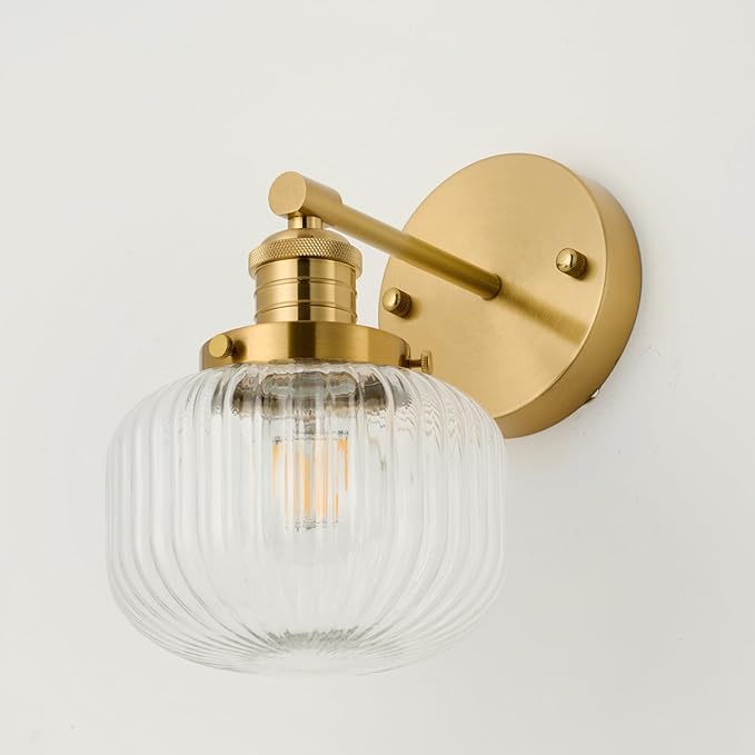 Vintage Wall Sconce Set of 2,Hard Wired Sconce with Clear Ribbed Glass Shade,Indoor Wall Mounted Lamp for Bedroom Living Room Bathroom Hallway