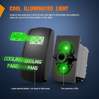 Nilight COOLING FANS Rocker Switch Led Light Bar 5Pin Laser On Off SPST switches 20A/12V 10A/24V Green with Jumper Wires Set for Cars Trucks RVs