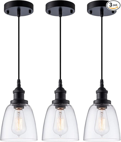 Industrial Mini Pendant Light Fixture Modern Clear Glass Adjustable Cord for Kitchen Island Dining Room Sink, Black, 3 Packs