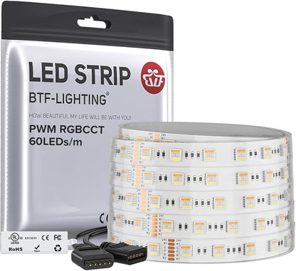 BTF-LIGHTING RGBCCT 5 Colors in 1 LED 5050SMD RGBWW RGB+Dimmable Tunable Color Temperature 2700K-6500K 16.4ft 60LEDs/m 300LEDs DC24V Multi-Colored Tape Lights IP67 White PCB(No Adapter or Controller)