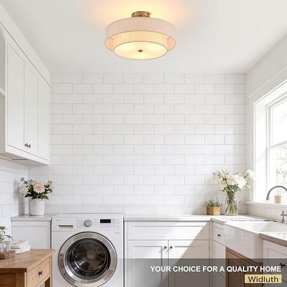 Modern Semi Flush Mount Ceiling Light 18" Modern Gold 3-Lights Drum Ceiling Lighting Fixture Vintage Linen Golden Ceiling Lamp for Laundry Room, Kitchen, Basement, Dining Room, Bedroom