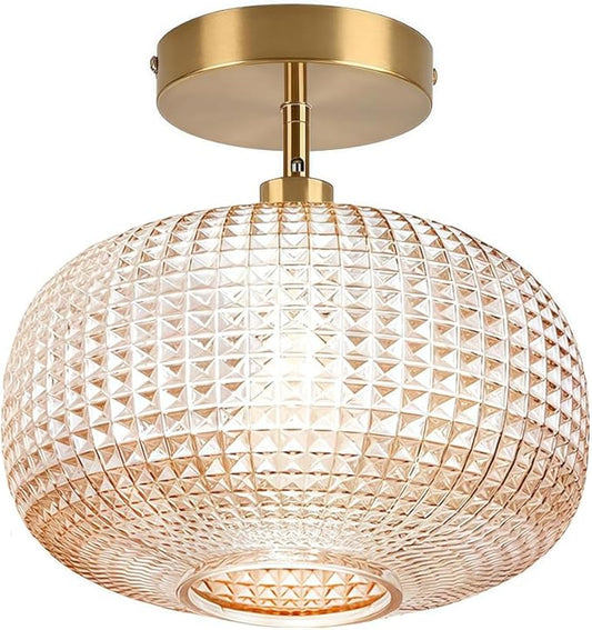 Semi Flush Mount Ceiling Light,Vintage Small Ceiling Light Fixture,Hallway Lighting Fixture with Amber Glass Shade,Art Deco Kitchen Lighting Fixtures Ceiling for Bedroom,Bathroom,Porch