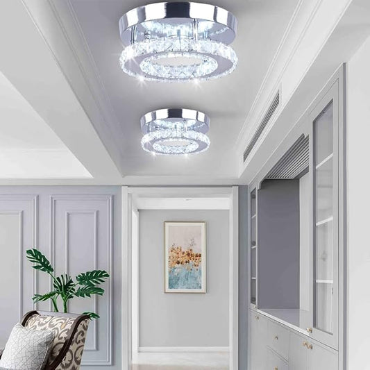Modern Mini Led Chandelier Semi Flush Mount Crystal Lighting Ceiling Crystal Lamp for Bedrooms Dinning Rooms Hallway(Round White)